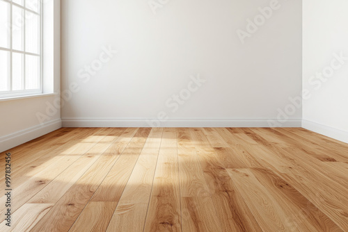 Minimalist Wooden Room with Natural Light, bright and airy space showcasing warm oak flooring and soft sunlight illuminating empty walls, perfect for peaceful living.