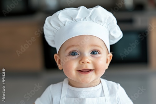 Smiling baby in chef's hat and apron photo