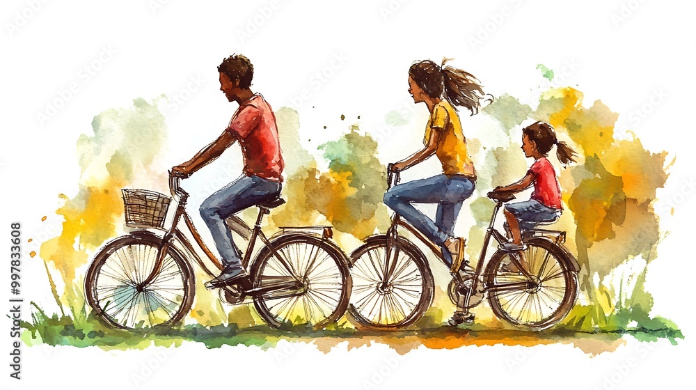 Fototapeta premium Watercolor Illustration of a Family Cycling Together.