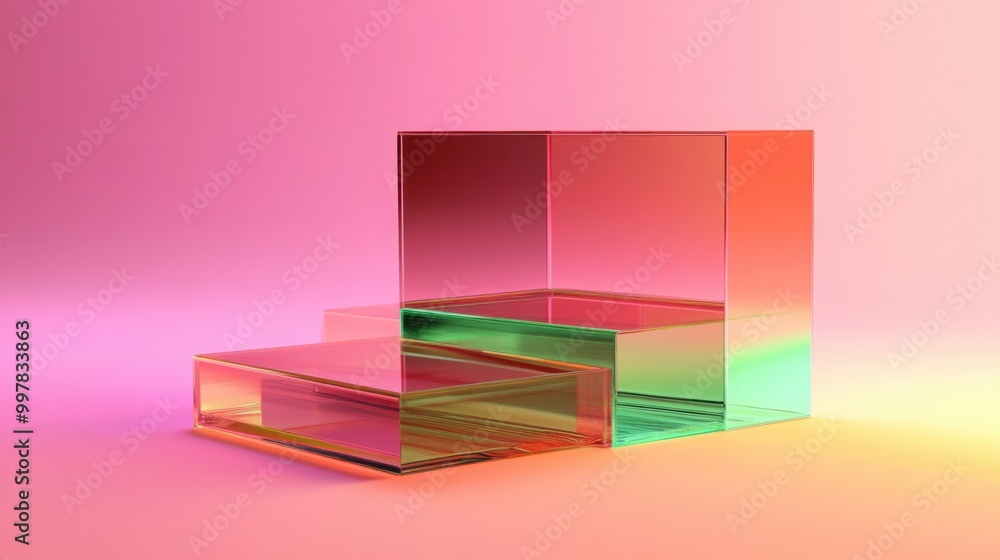 A minimalist 3D scene featuring transparent glass surfaces with colored edges (neon pink, green, orange) A minimalist 3D scene featuring transparent glass surfaces with colored edges (neon pink, green, orange)