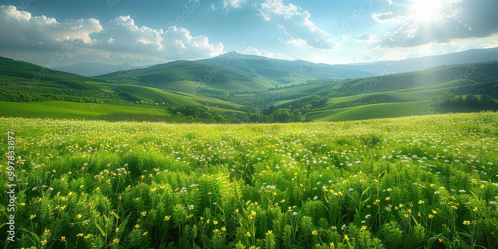 landscape with grass and mountains