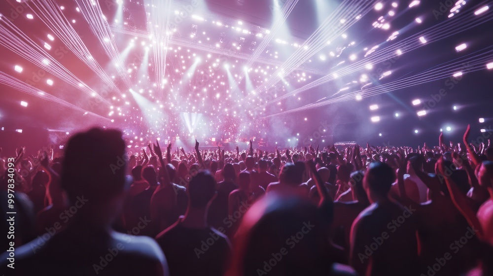 Obraz premium crowd partying stage lights live concert summer music festival