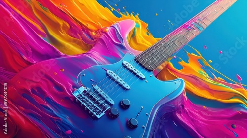 Creative music with colorful giutar. Music vibes concept for concerts and festivals photo