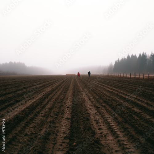 a foggy morning in Belarus with a lone farmer starting the potato harvest autumn season rural solitude traditional agriculture misty field with a wooden fence and distant forest in the background