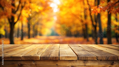 Empty wooden table with blurry waterfall background photo