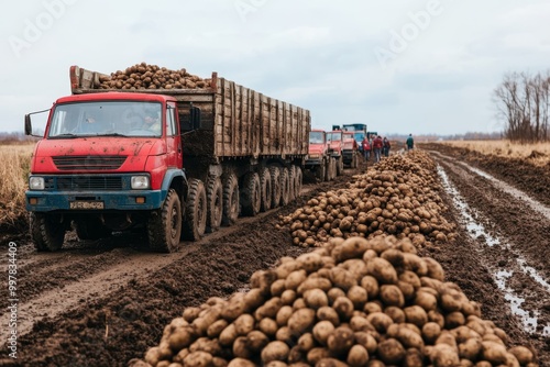 a group of workers in Belarus sorting potatoes by size after the harvest agricultural process manual labor farming tools rural community with piles of potatoes in baskets and trucks ready to be loaded photo