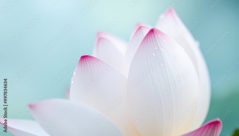 Macro Shot of White Lotus Petals with Dewdrops on Ethereal Blue-Green Background Macro Shot of White Lotus Petals with Dewdrops on Ethereal Blue-Green Background