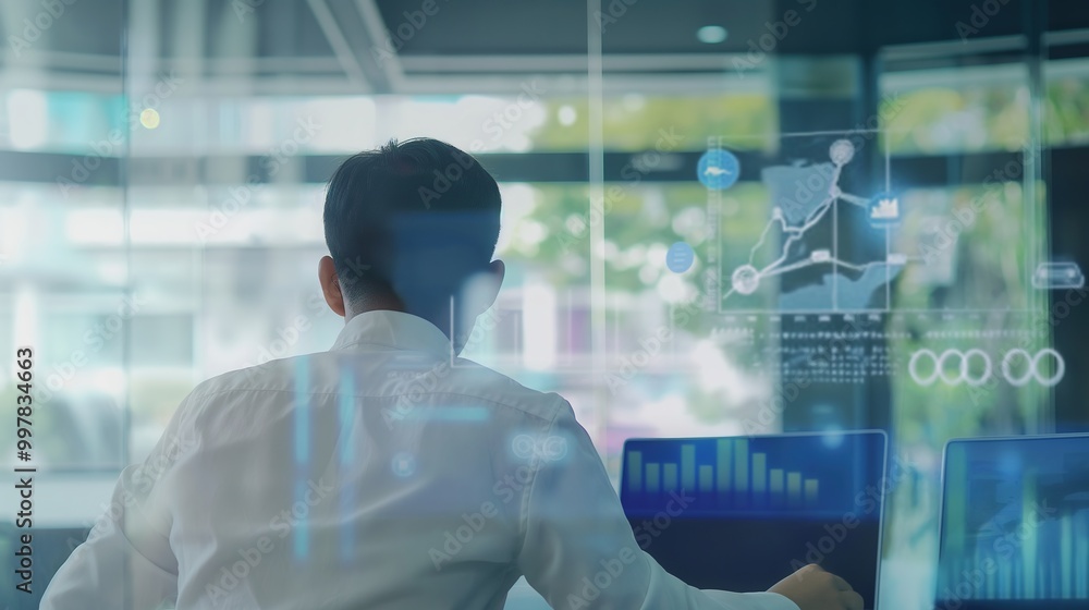 Businessman at desk analyzing revenue charts on digital screen, focused on financial growth and business success, office equipment in background. Businessman at desk analyzing revenue charts on digital screen, focused on financial growth and business success, office equipment in background.