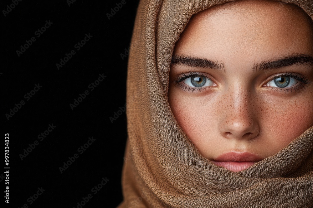 Mysterious woman with blue eyes in brown hijab Mysterious woman with blue eyes in brown hijab