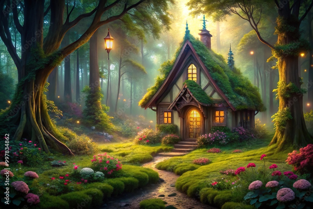 Fototapeta premium Enchanted cottage surrounded by trees in a fairytale forest