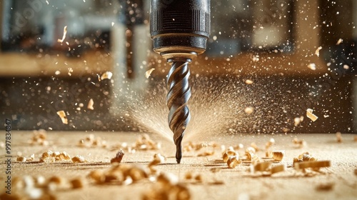 Close-up drill bit being used to hole wooden Image of an electric photo