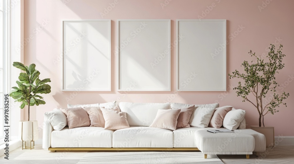 Fototapeta premium Minimalist Living Room with White Sofa and Pink Wall