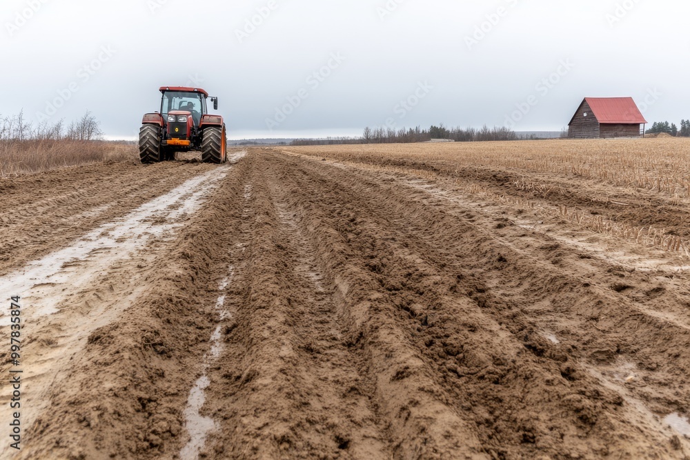 a tractor plowing through a potato field in Belarus leaving neat rows of soil agricultural machinery farming equipment rural life with a barn and a farmhouse in the distance a tractor plowing through a potato field in Belarus leaving neat rows of soil agricultural machinery farming equipment rural life with a barn and a farmhouse in the distance