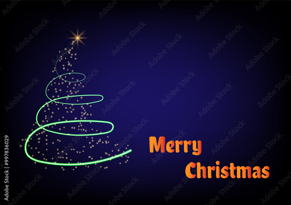 The green line of the Christmas tree with a golden shiny star on top on dark blue background. The green line of the Christmas tree with a golden shiny star on top on dark blue background.