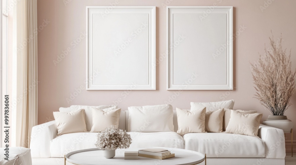 Modern Living Room with White Sofa and Empty Frames Modern Living Room with White Sofa and Empty Frames