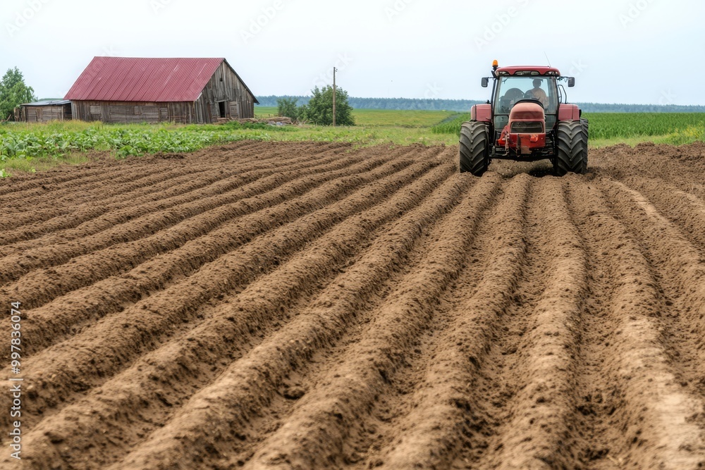 Obraz premium a tractor plowing through a potato field in Belarus leaving neat rows of soil agricultural machinery farming equipment rural life with a barn and a farmhouse in the distance