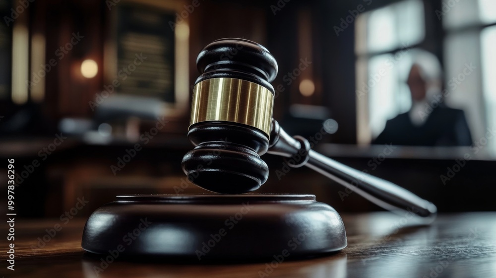 Close-up wooden gavel resting table has black handle Focused Close-up wooden gavel resting table has black handle Focused