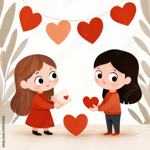 Cute cartoon couple exchanging valentines day cards photo