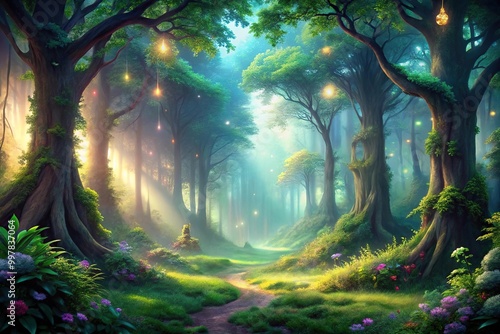 Fototapeta Naklejka Na Ścianę i Meble -  Enchanted forest with towering trees and magical creatures