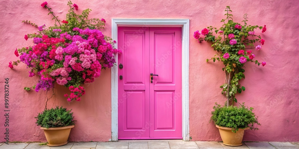 Enchanted pink door nestled in a lush floral garden Enchanted pink door nestled in a lush floral garden