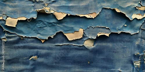 Peeling blue paint on a textured surface.