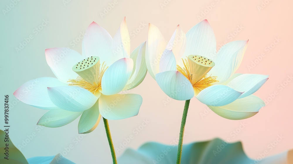 Two White Lotus Flowers Blooming in Pastel Colors Two White Lotus Flowers Blooming in Pastel Colors