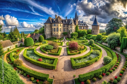 Enchanting castle surrounded by lush garden and pathway