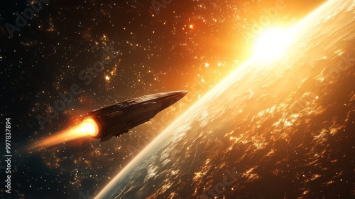 Fototapeta Naklejka Na Ścianę i Meble -  A spacecraft speeds towards Earth, with vibrant sunlight illuminating the horizon. The backdrop features a vast expanse of stars, highlighting the majesty of outer space.