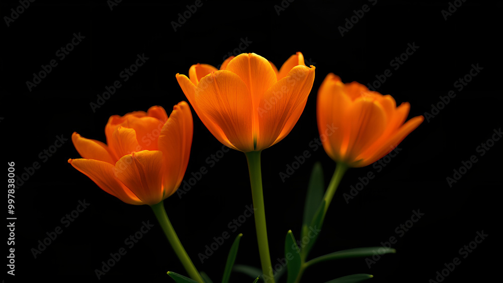 Three orange flowers are standing next to each other on a black background Three orange flowers are standing next to each other on a black background