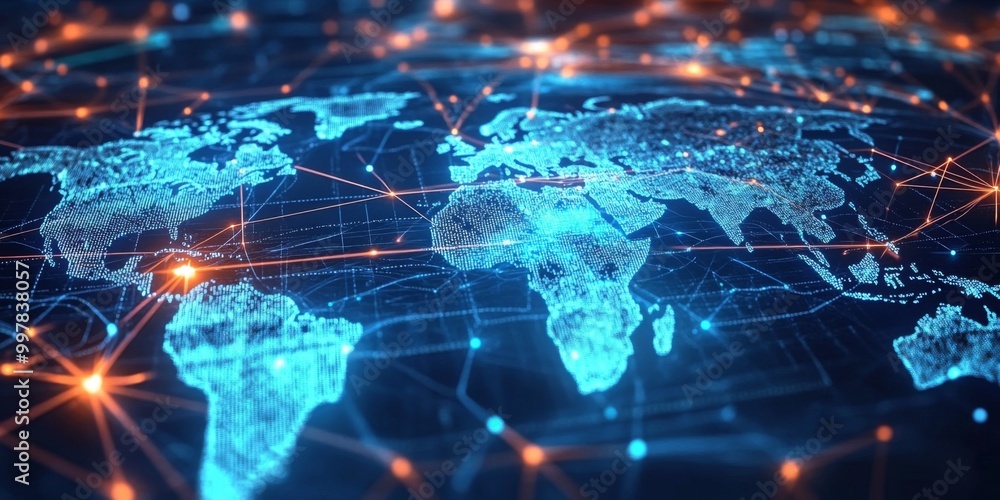 Digital world map dark blue background made up Global network with glowing Digital world map dark blue background made up Global network with glowing