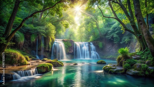 Fototapeta Naklejka Na Ścianę i Meble -  Enchanting forest landscape with river and colorful flowers