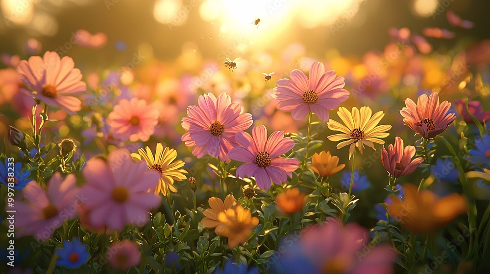 Fototapeta premium Colorful Flowers in a Field at Sunset with Bees