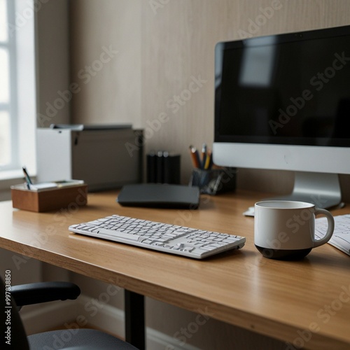 a desk with a computer and a keyboard and a cup of pencils.