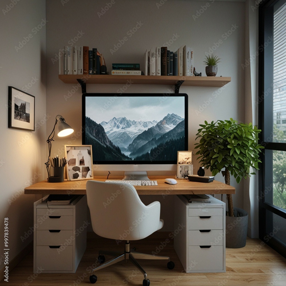 a desk with a computer and a keyboard and a cup of pencils. a desk with a computer and a keyboard and a cup of pencils.