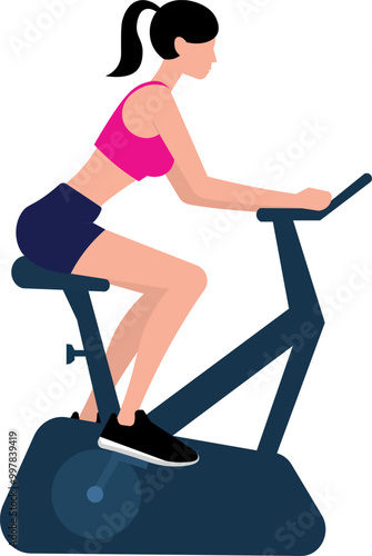 woman on an exercise bike, doing physical exercises, wearing pink and blue clothes