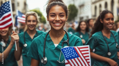 Fototapeta Naklejka Na Ścianę i Meble -  Group young women green scrubs marching parade They A of nurses