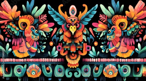 On a black background, a digital illustration of Aztec-inspired patterns with vibrant colors and intricate designs creates a sense of exoticism