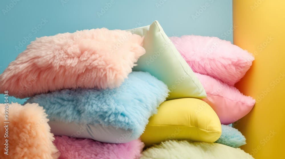 Colorful Pillows Stacked Against a Blue and Yellow Wall Colorful Pillows Stacked Against a Blue and Yellow Wall