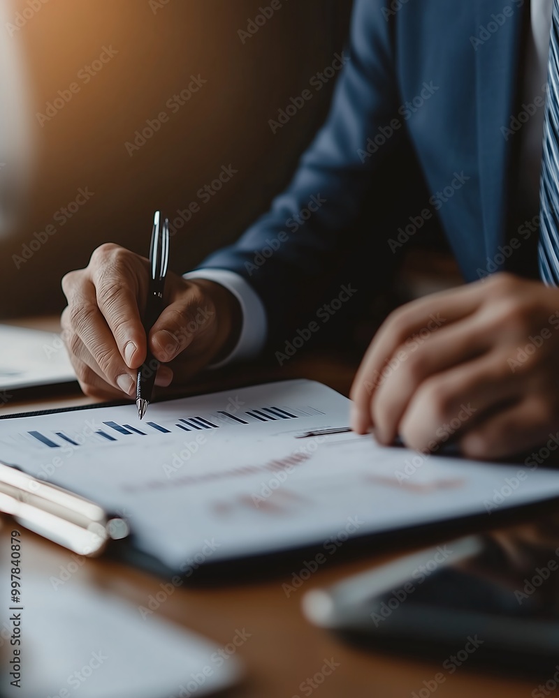Close-up of a financial advisor reviewing the portfolio work of a client Close-up of a financial advisor reviewing the portfolio work of a client