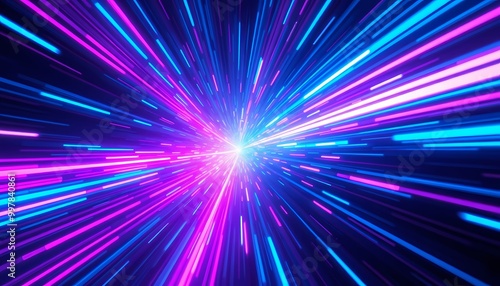 Futuristic Digital Tunnel with Glowing Blue and Pink Light Streaks on Dark Background