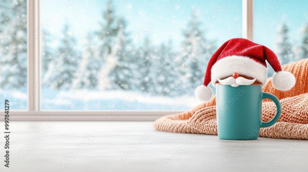 Fototapeta premium Christmas morning scene with a coffee mug wearing a Santa hat