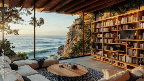 Luxurious living room beautiful view ocean has high bookshelf background home