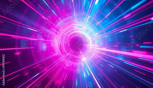 Abstract Tunnel of Vibrant Pink and Blue Light Trails in a Digital Universe