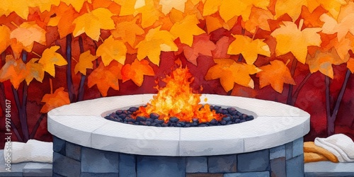 Cozy fire pit surrounded by vibrant autumn foliage. photo