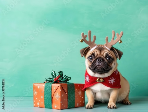 Cute pug dressed as a reindeer, with tiny antlers and a jingle bell collar, sitting beside a Christmas present wrapped in festive paper, 8k, realistic texture, copy space for text photo