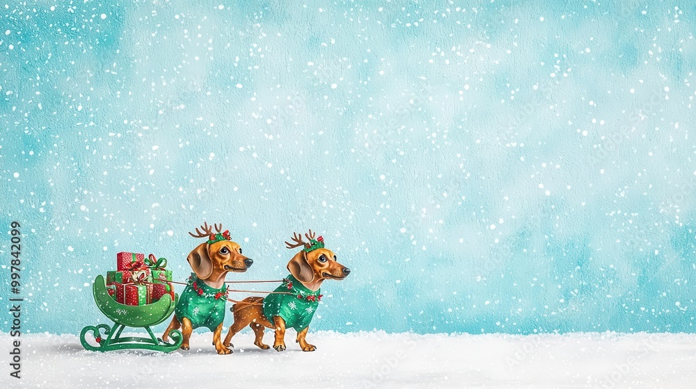 Fototapeta premium Two dachshunds dressed as reindeer