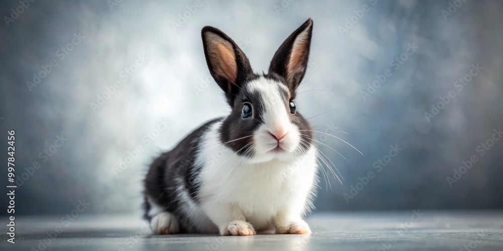 Charming black and white bunny gracefully perched on a plush surface, showcasing enchanting expressions that capture Charming black and white bunny gracefully perched on a plush surface, showcasing enchanting expressions that capture