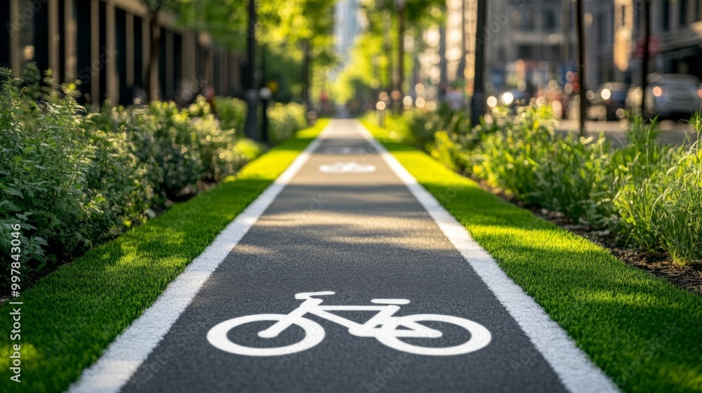 Paved pathway park urban area is lined green A network of bike Paved pathway park urban area is lined green A network of bike