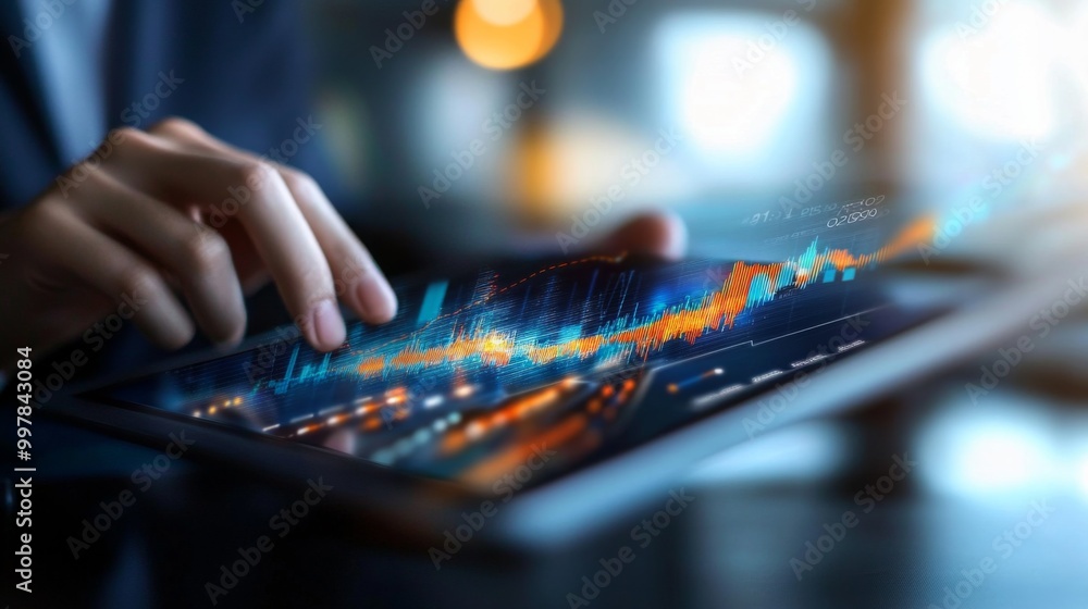 Person hand holding tablet colorful line graph Professional analyzing financial data Person hand holding tablet colorful line graph Professional analyzing financial data