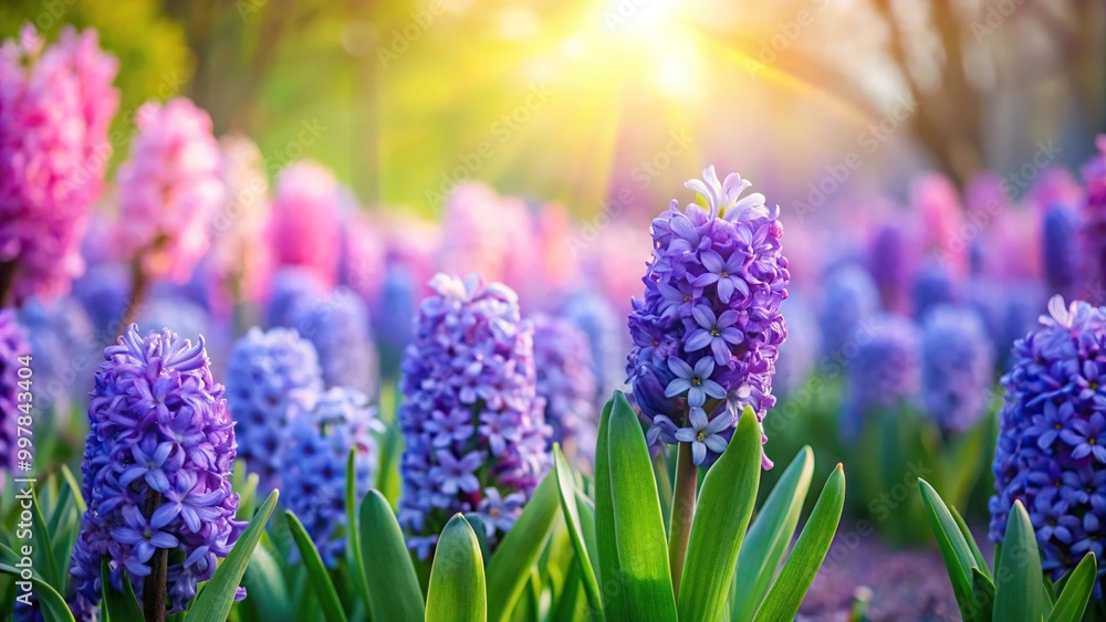 Obraz premium Ethereal atmosphere in garden panoramic created by hyacinth blossoms
